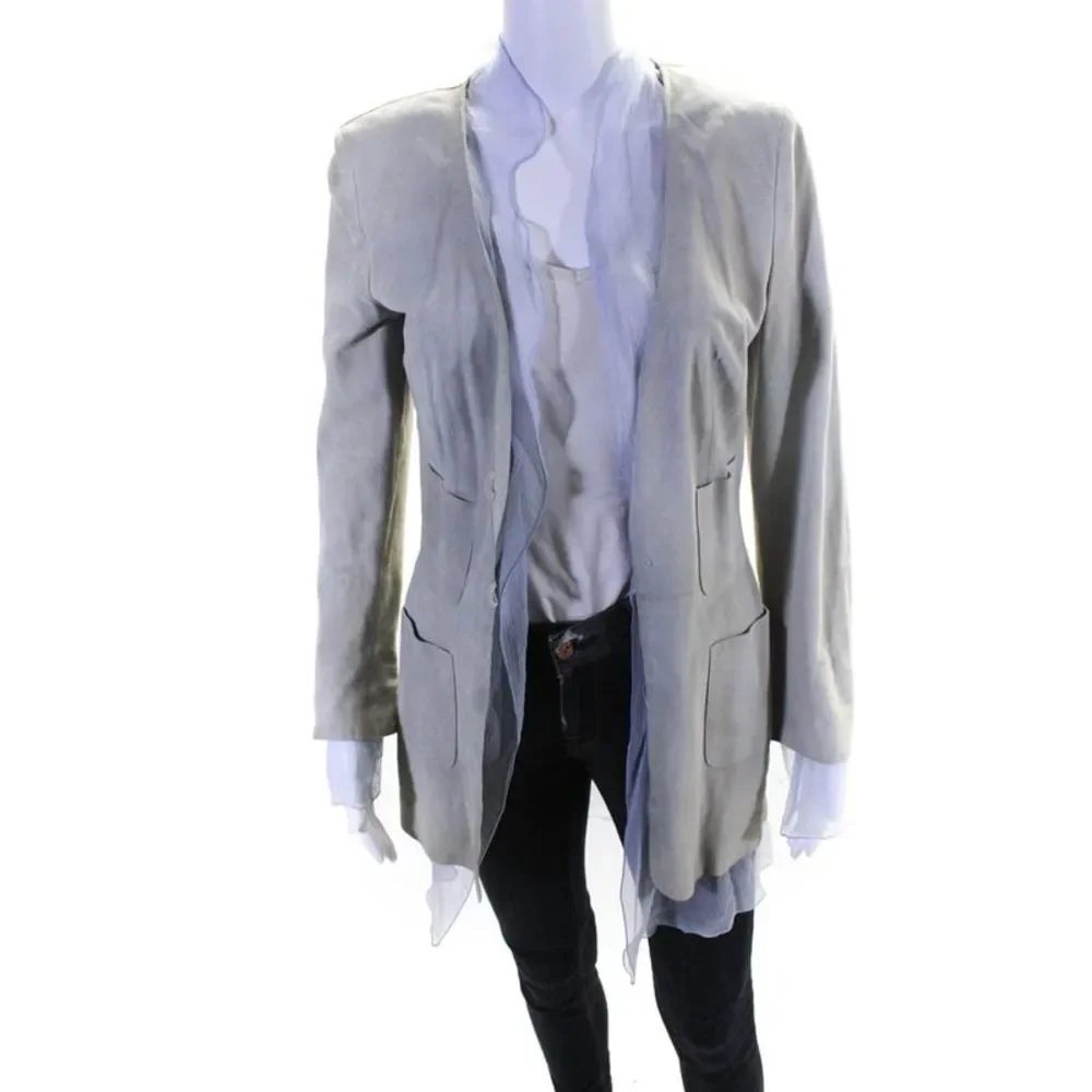 Salvatore Ferragamo Womens Silk Leather Patch Pocket Overcoat Beige Blue Size 6